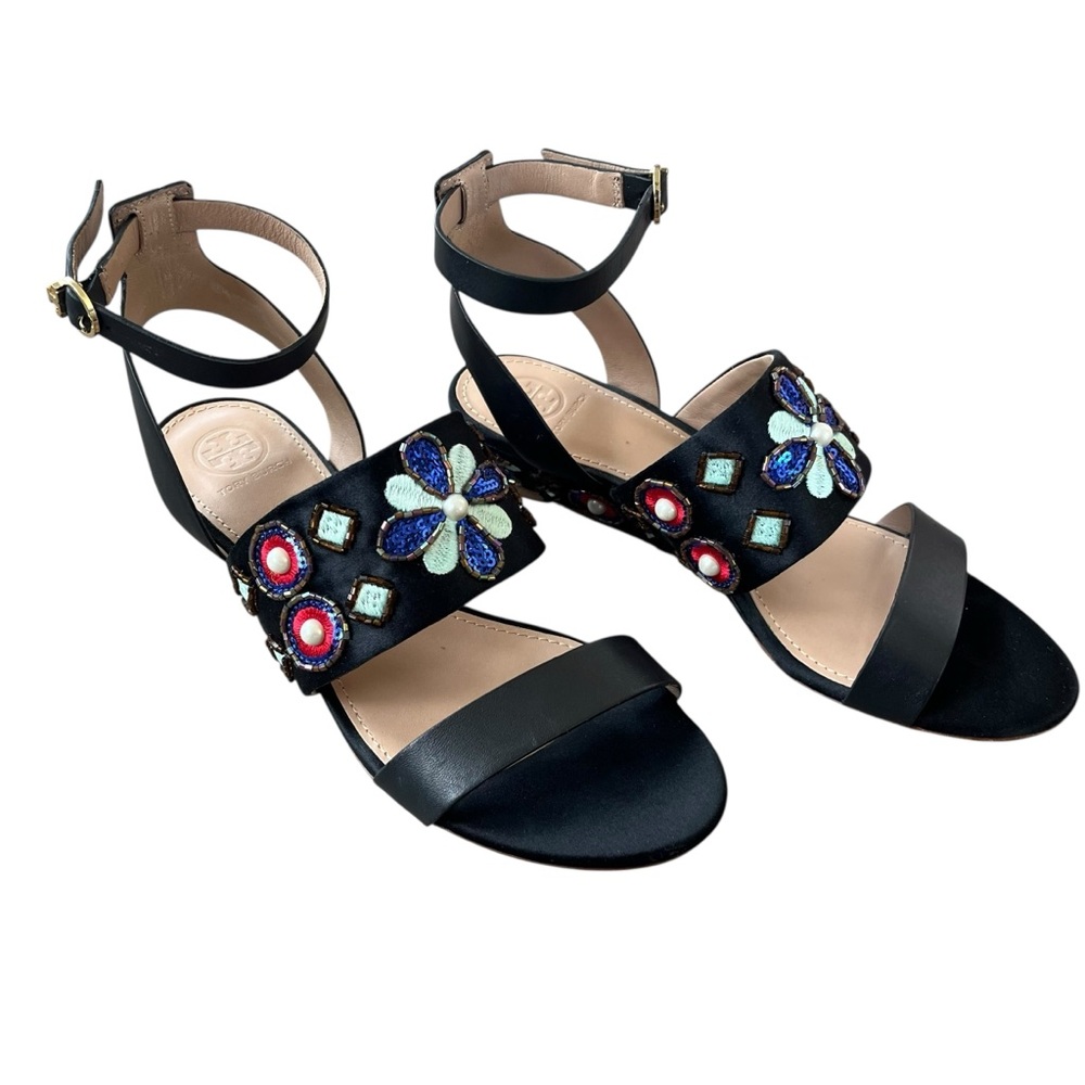 Tory Burch Estella Embellished Wedge Sandals Sequins & Embroidery Size 7M - Picture 12 of 12